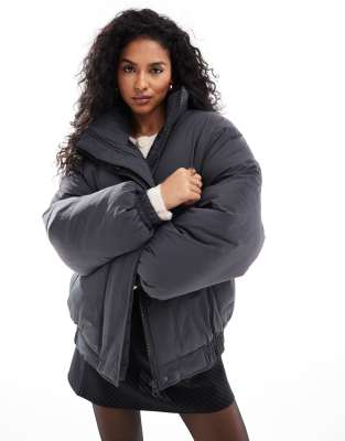 clean puffer bomber jacket with funnel neck in charcoal-Gray