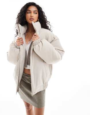 clean puffer bomber jacket with funnel neck in cream-Gray