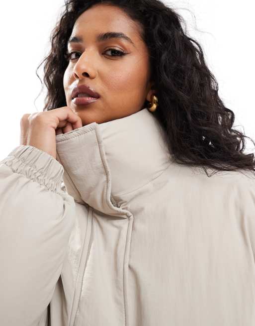 ASOS DESIGN clean puffer bomber jacket with funnel neck in cream ASOS