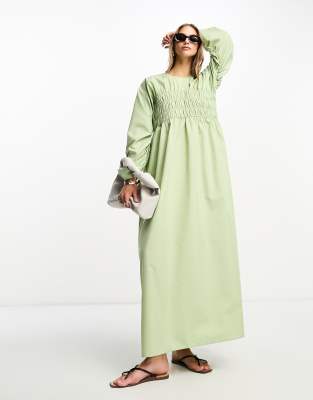 Asos Design Clean Shirred Batwing Maxi Dress In Sage-green