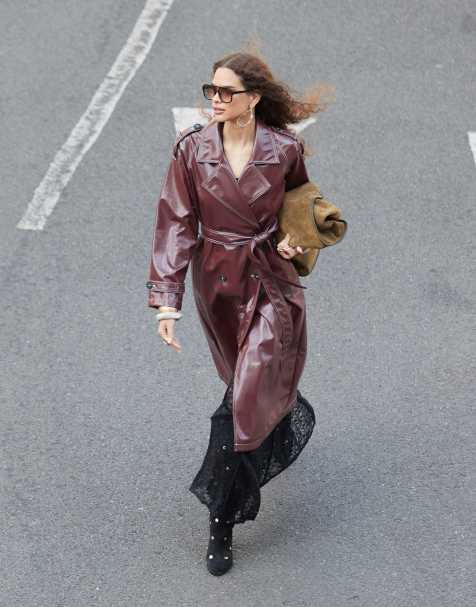 ASOS DESIGN clean top collar leather look trench in burgundy - view 1