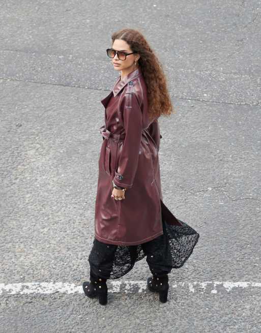 ASOS DESIGN clean top collar leather look trench in burgundy ASOS