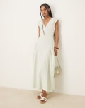 [ASOS DESIGN] ASOS DESIGN clean v neck midi dress with pleated godet hem in mint-Green 14 Mint