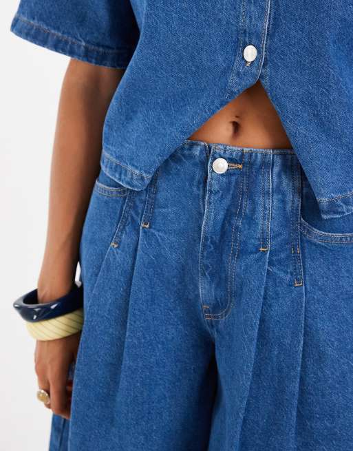 ASOS DESIGN clean waistband oversized jorts in midwash blue, 3 of 5