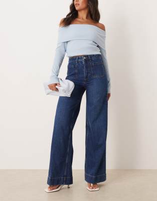 ASOS DESIGN clean wide leg jeans with front pockets in dark wash-Blue