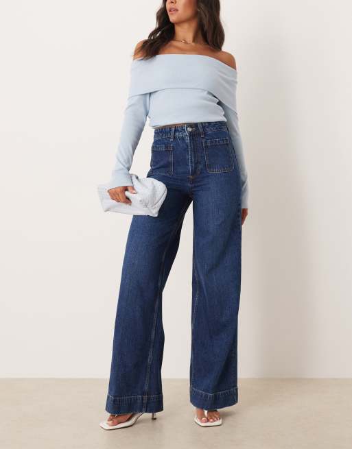 ASOS DESIGN clean wide leg jeans with front pockets in dark wash