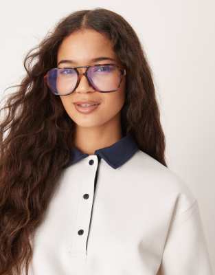 Asos Design Clear Blue Light Aviator Glasses In Brown