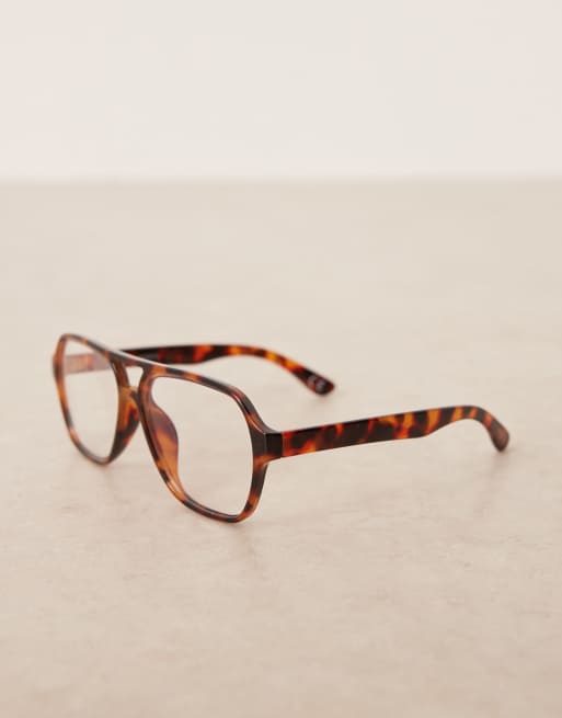 ASOS DESIGN clear blue light lens aviator glasses in tort, 2 of 3