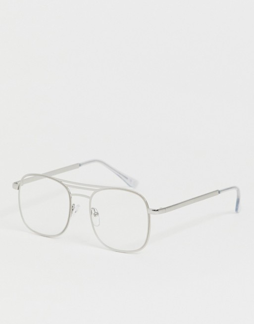 ASOS DESIGN aviator fashion glasses in silver metal with clear lenses