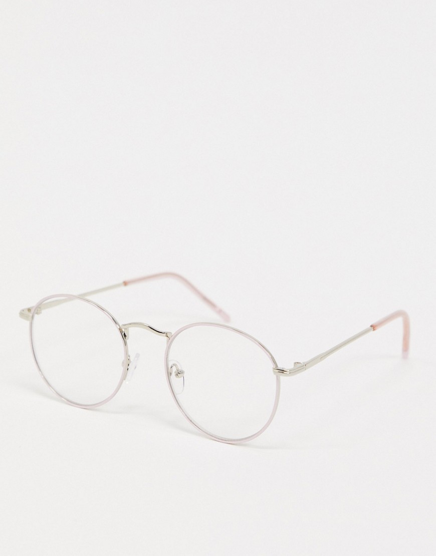 ASOS DESIGN clear lens glasses with baby pink frame