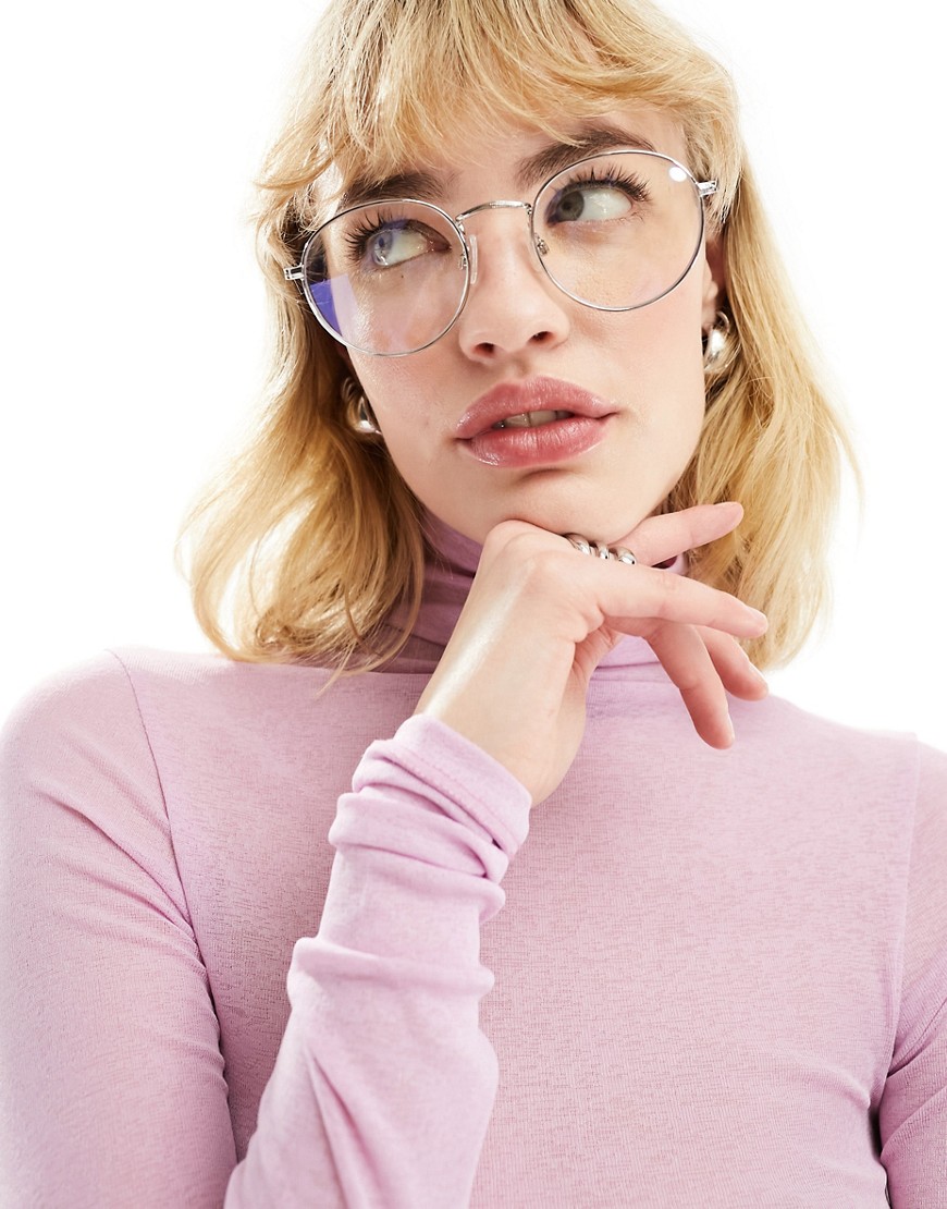 Asos Design Clear Metal Round Glasses With Blue Light Lens-silver In White