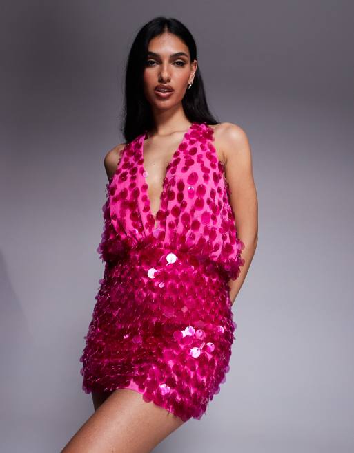 ASOS DESIGN clear sequin fringe halter mini dress in pink