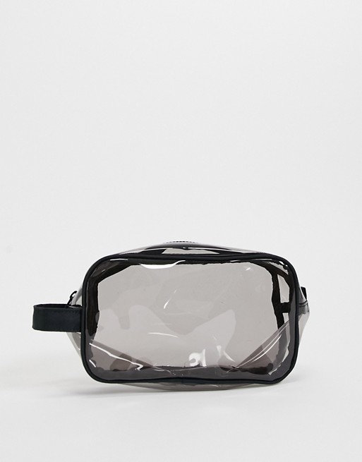 ASOS DESIGN clear travel wash bag in black with grab handle
