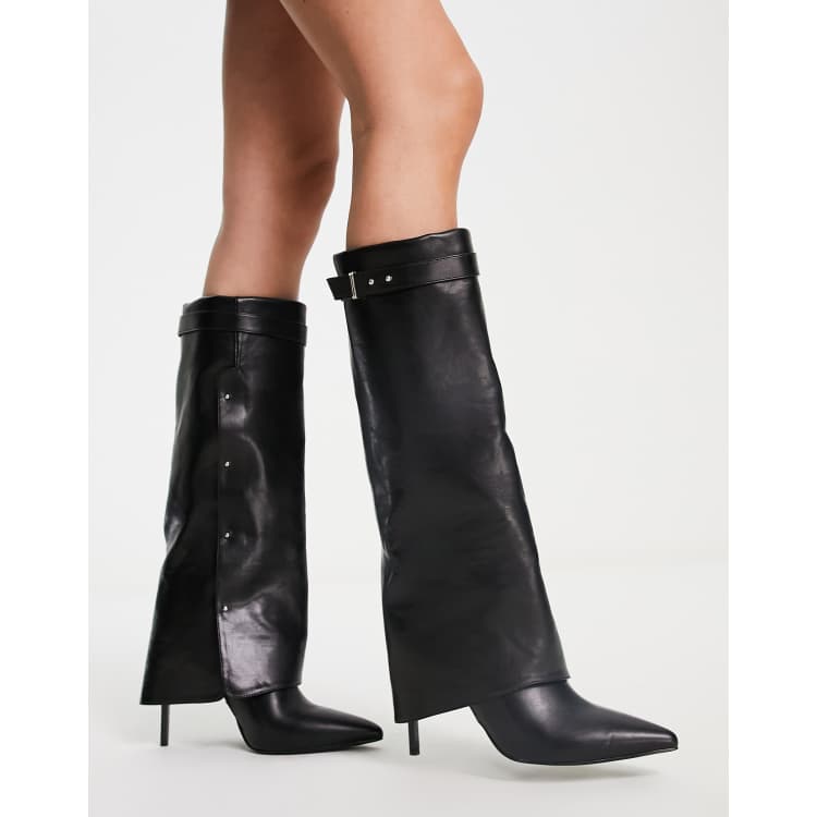 Black Wide Fit Pointed Fold Over Block Heel Boots