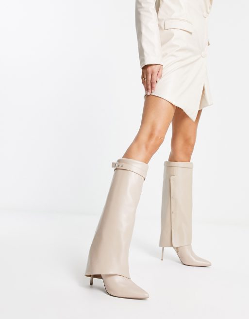 ASOS DESIGN Clearly high-heeled fold over knee boots in cream