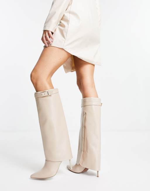 Beige Point Toe Fold Over High Heeled Knee Boots