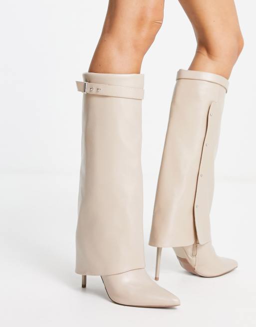 Beige Point Toe Fold Over High Heeled Knee Boots