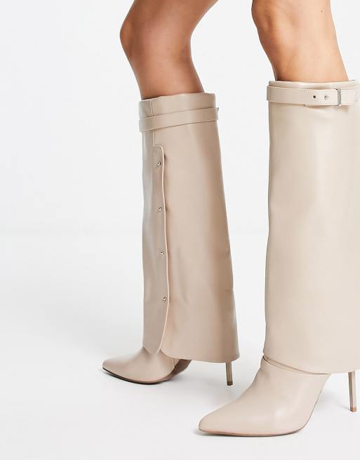 ASOS DESIGN Clearly high-heeled fold over knee boots in cream