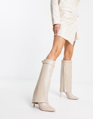 ASOS DESIGN - Clearly - Overknee-Stiefel in Creme mit hohem Absatz und umgeschlagenen Schaft-Weiß