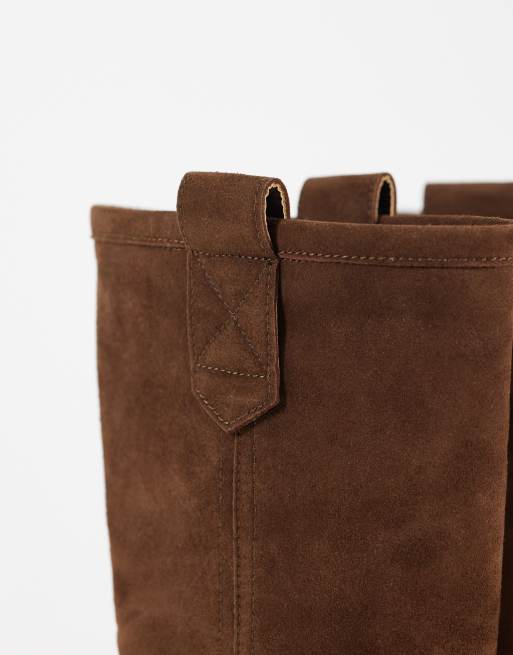 ASOS DESIGN Clementine pull on trucker knee boots in chocolate suedette, 3 of 4