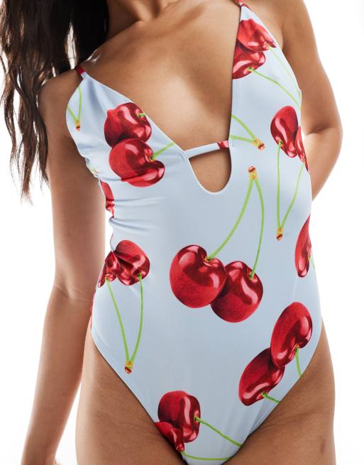 ASOS DESIGN - Cleo - Diepuitgesneden badpak met uitsnijding in kersenprint