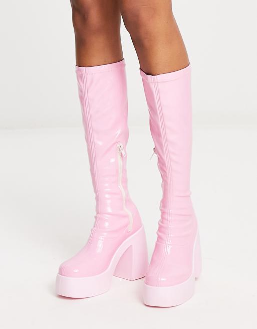 ASOS DESIGN Cleo high heeled knee boots in pink patent