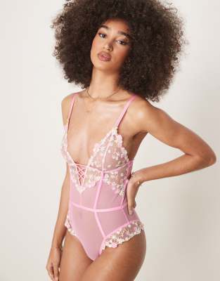 ASOS DESIGN - Cleo - Hochwertiger weicher Body in Rosa mit Stickerei-Schwarz