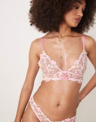 ASOS DESIGN - Cleo - Hochwertiger weicher Longline-BH in Rosa mit Stickerei