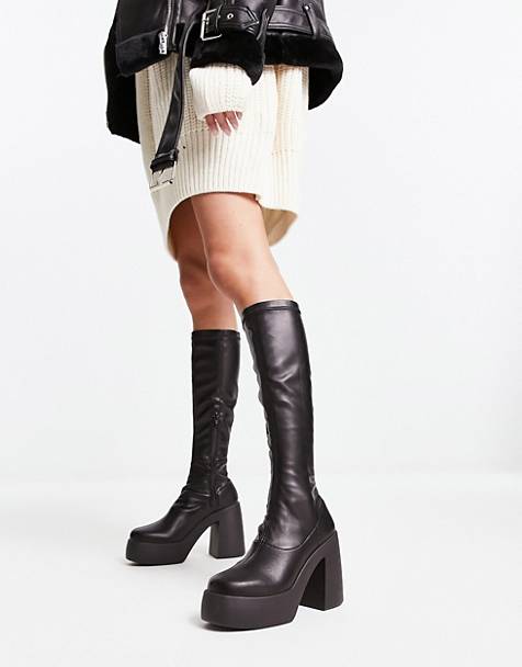 Damen Schuhe Stiefel Overknee Stiefel e anliegende stiefel aus textil mit absatz in Schwarz ASOS elly 