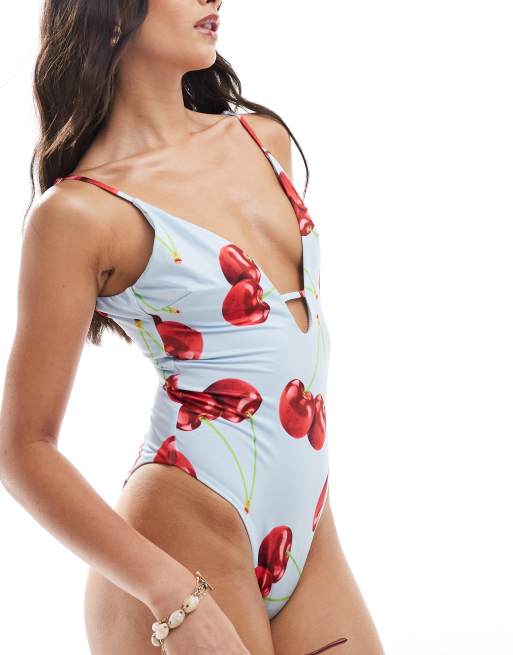 ASOS DESIGN - Cleo - Maillot 1 pièce à découpe et décolleté plongeant - Imprimé cerises, 4 de 4