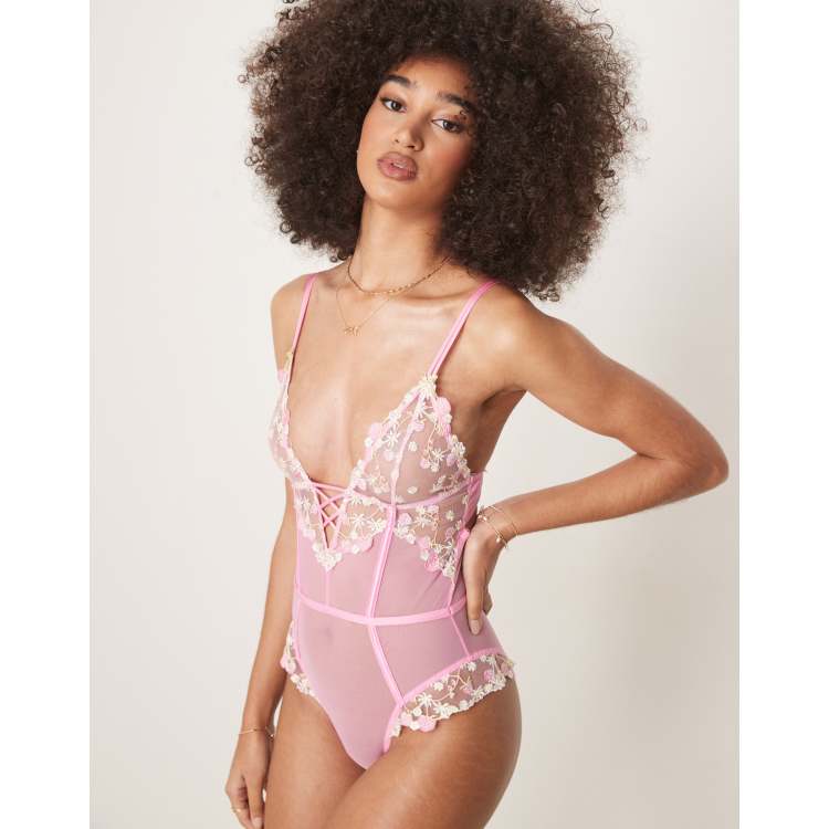 ASOS DESIGN Cleo premium embroidery soft bodysuit in pink | ASOS