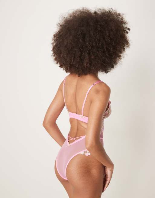 ASOS DESIGN Cleo premium embroidery soft bodysuit in pink, 3 of 4
