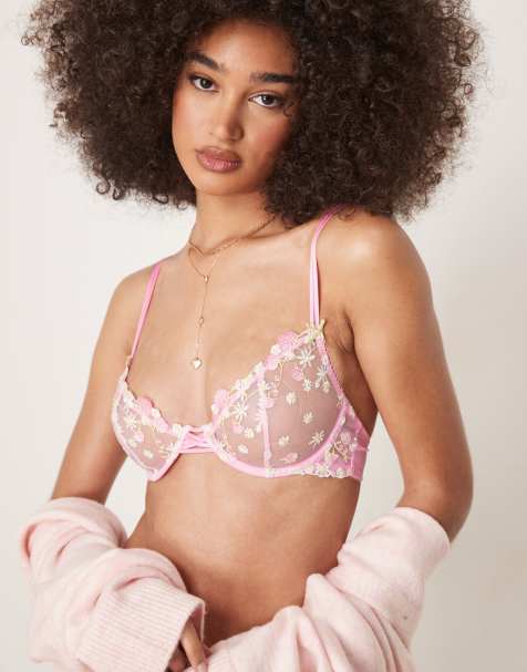 ASOS DESIGN Cleo premium embroidery underwired bra in pink - view 1