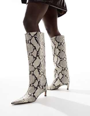 ASOS DESIGN Cleo premium leather kitten heel knee boots in snake-Multi