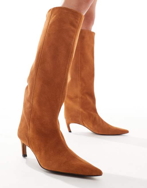 ASOS DESIGN Cleo premium suede kitten heel knee boots in rust ASOS
