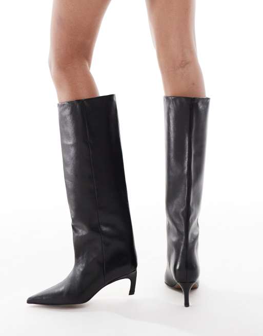 ASOS DESIGN Cleona premium leather kitten heel knee boots in black leather, 4 of 4