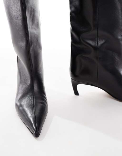 ASOS DESIGN Cleona premium leather kitten heel knee boots in black, 3 of 4