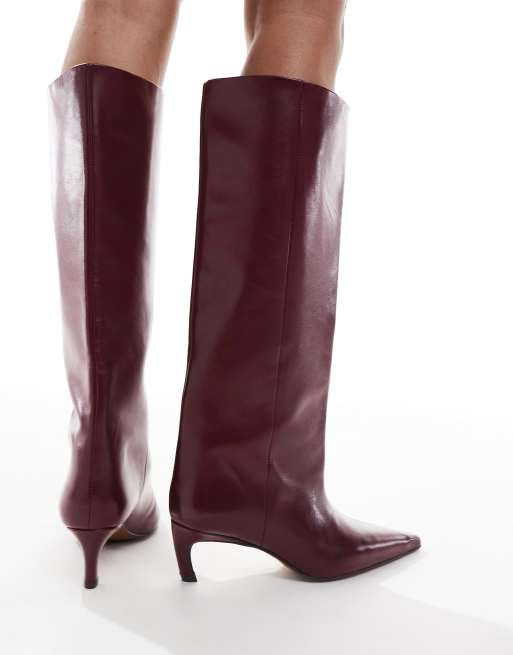 ASOS DESIGN Cleona premium leather kitten heel knee boots in burgundy leather