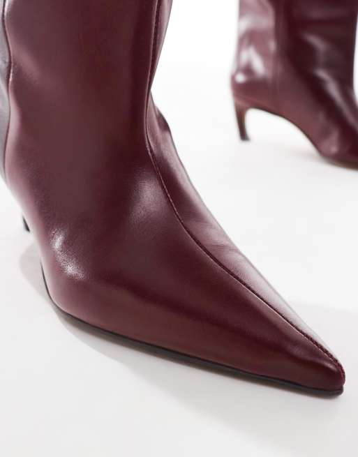 ASOS DESIGN Cleona premium leather kitten heel knee boots in burgundy leather, 3 of 4