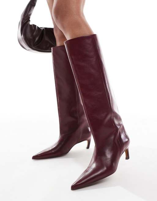 ASOS DESIGN Cleona premium leather kitten heel knee boots in burgundy leather