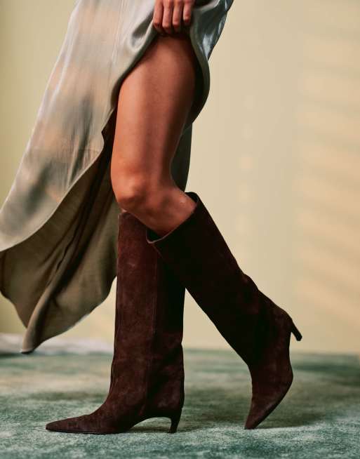 ASOS DESIGN Cleona premium leather kitten heel knee boots in chocolate suede