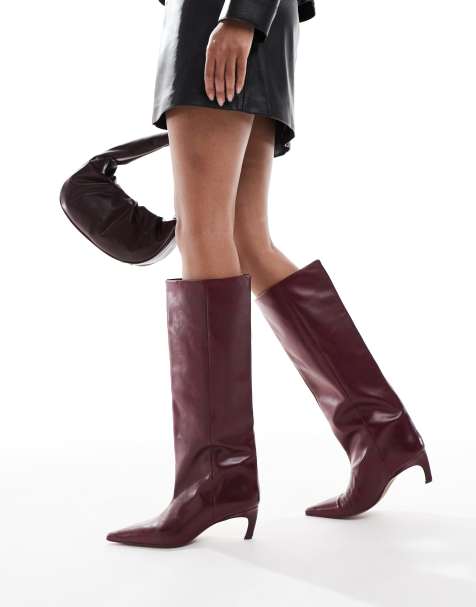 ASOS DESIGN – Cleona – Premium – Vinröda, knähöga boots i läder med taxklack - view 1