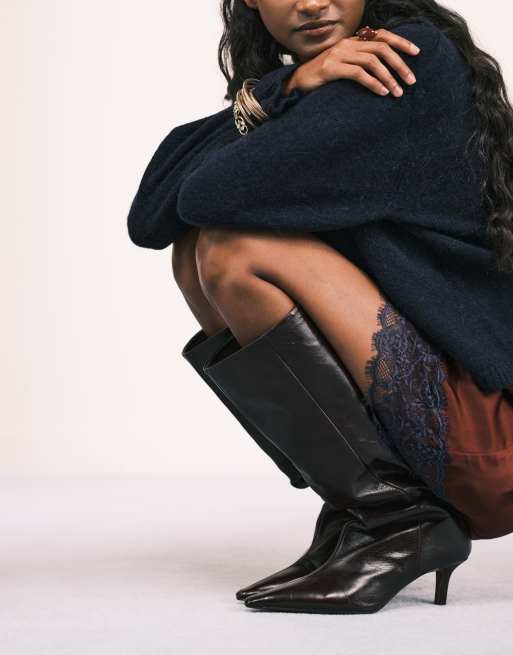 ASOS DESIGN Cleoni premium leather pull on knee boots in chocolate