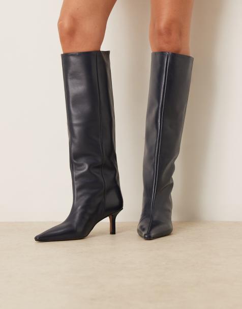 ASOS DESIGN Cleoni premium leather pull-on knee boots in navy - view 1