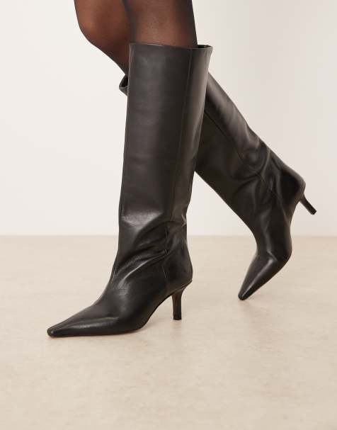 ASOS DESIGN – Cleoni – Svarta, knähöga boots i premiumläder och dra på-modell - view 1