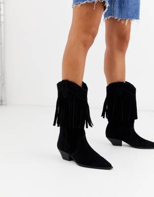 black fringe knee high boots