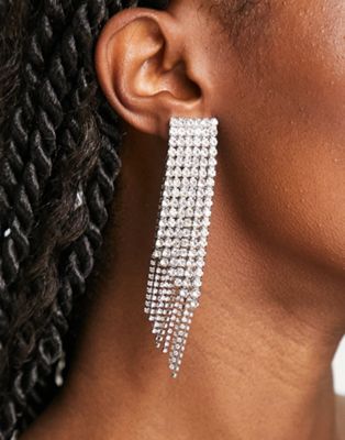 ASOS DESIGN clip on drop earrings in waterfall crystal design in silver