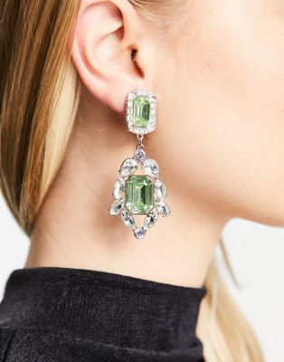 ASOS DESIGN clip on earrings with double drop green crystal in silver tone