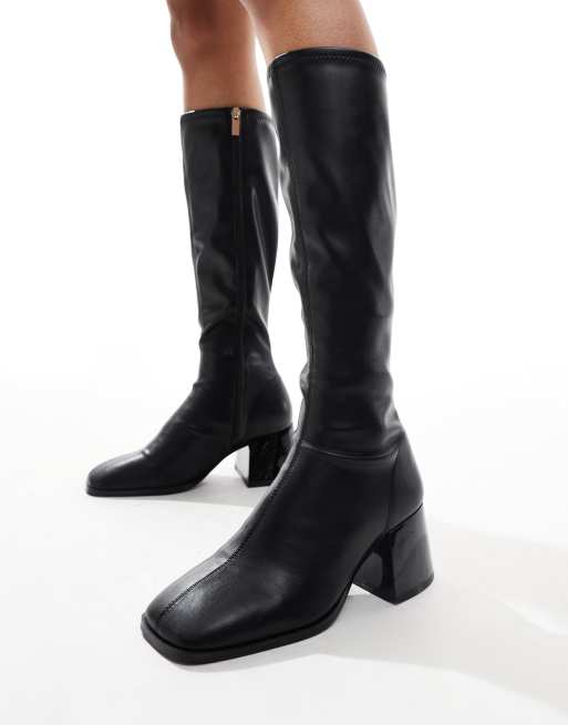 ASOS DESIGN Cloud flared block heel sock knee boots in black ASOS