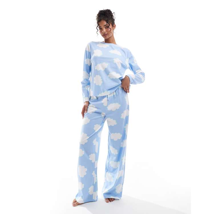 ASOS DESIGN cloud long sleeve top trouser pyjama set in blue ASOS